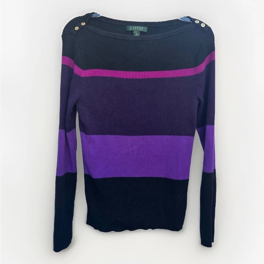 Lauren Ralph Lauren Knit Sweater Top Women M Purple Cotton Colorblock Ribbed